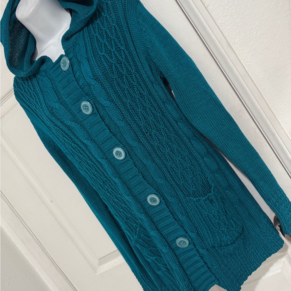 Elegant Teal Hooded Cardigan Vintage